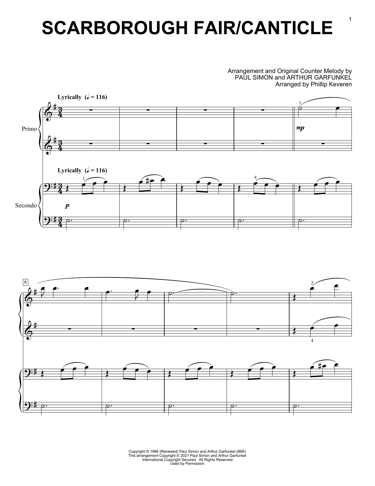 Simon & Garfunkel Scarborough Fair/Canticle (arr. Phillip Keveren) Sheet Music Notes & Chords for Piano Duet - Download or Print PDF