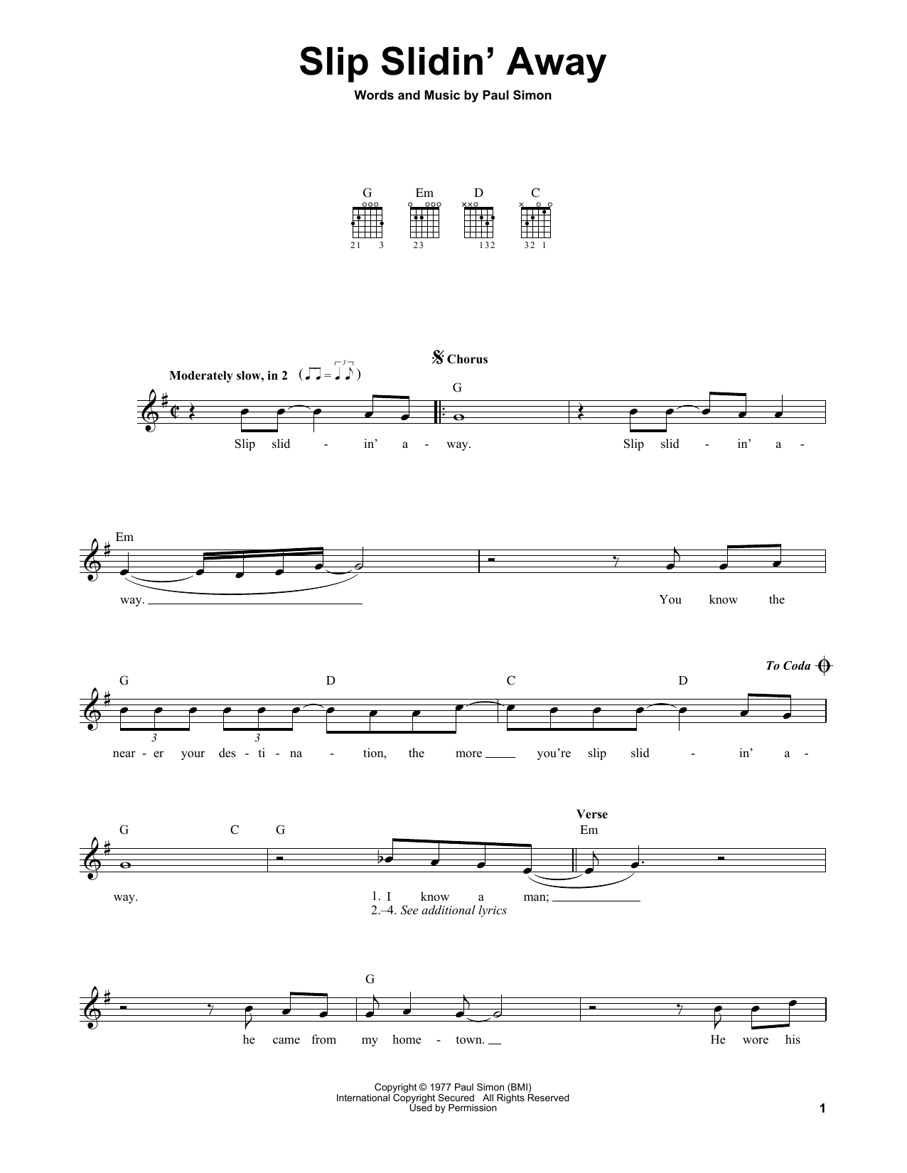 Simon & Garfunkel Slip Slidin' Away Sheet Music Notes & Chords for Easy Guitar - Download or Print PDF