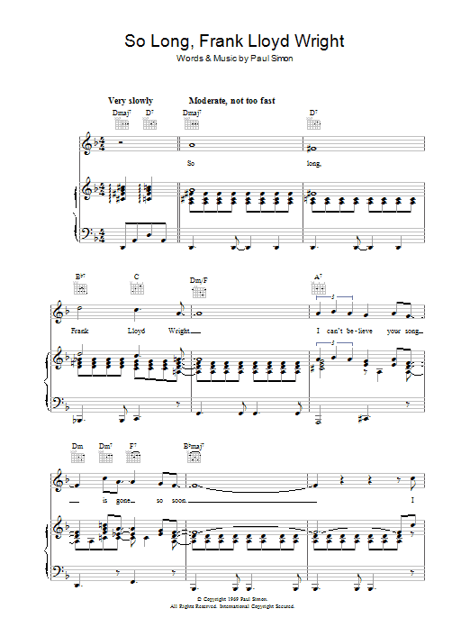 Simon & Garfunkel So Long, Frank Lloyd Wright Sheet Music Notes & Chords for Piano, Vocal & Guitar (Right-Hand Melody) - Download or Print PDF