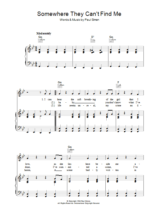 Simon & Garfunkel Somewhere They Can't Find Me Sheet Music Notes & Chords for Piano, Vocal & Guitar (Right-Hand Melody) - Download or Print PDF