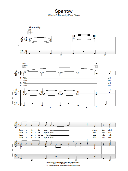 Simon & Garfunkel Sparrow Sheet Music Notes & Chords for Piano, Vocal & Guitar (Right-Hand Melody) - Download or Print PDF