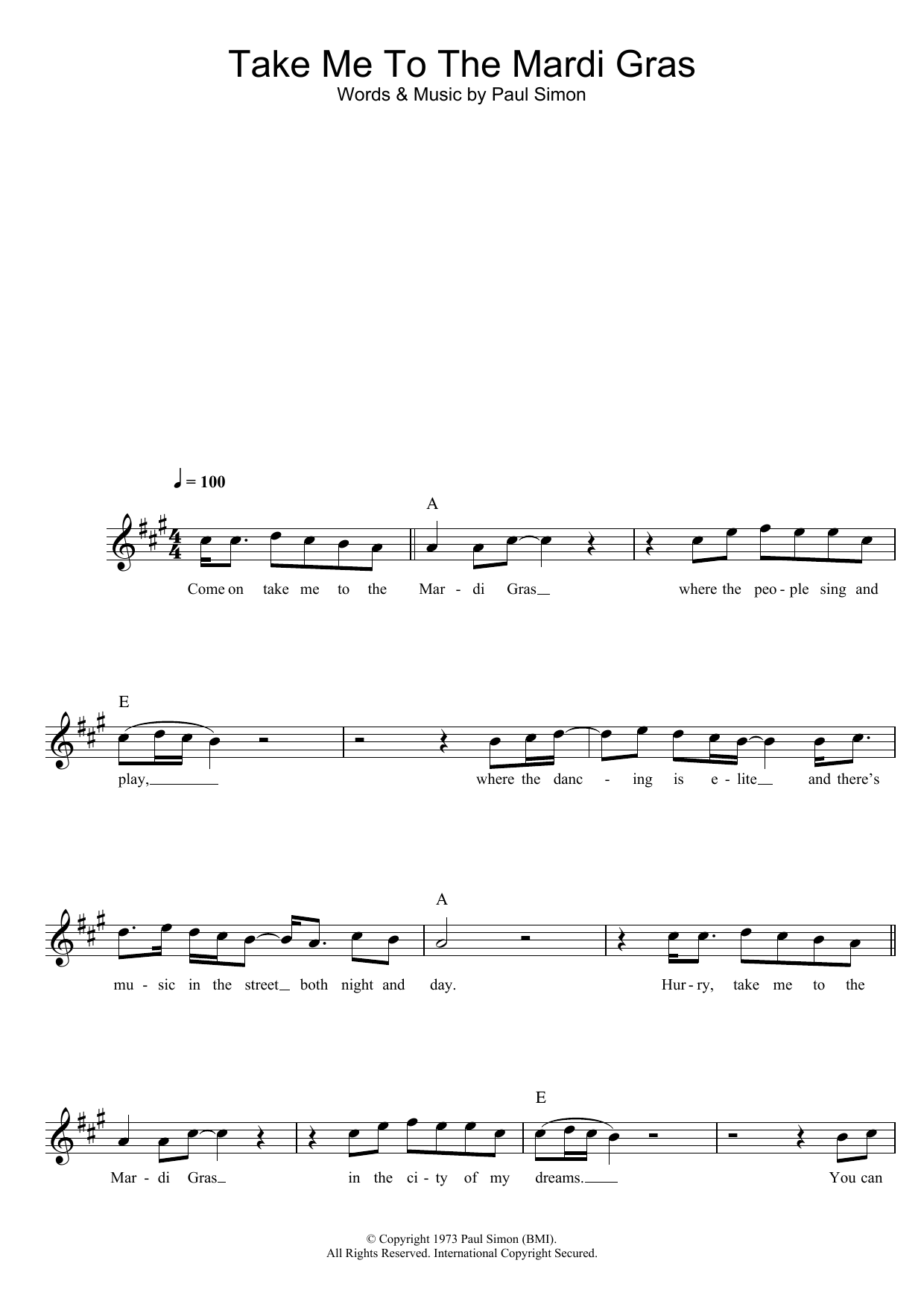 Simon & Garfunkel Take Me To The Mardi Gras Sheet Music Notes & Chords for Lead Sheet / Fake Book - Download or Print PDF