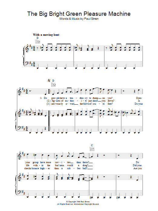 Simon & Garfunkel The Big Bright Green Pleasure Machine Sheet Music Notes & Chords for Piano, Vocal & Guitar (Right-Hand Melody) - Download or Print PDF