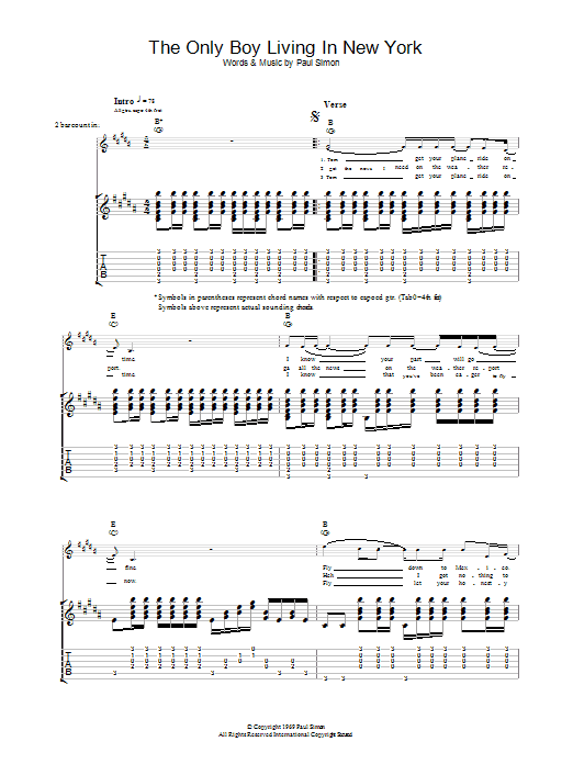 Simon & Garfunkel The Only Boy Living In New York Sheet Music Notes & Chords for Guitar Tab - Download or Print PDF