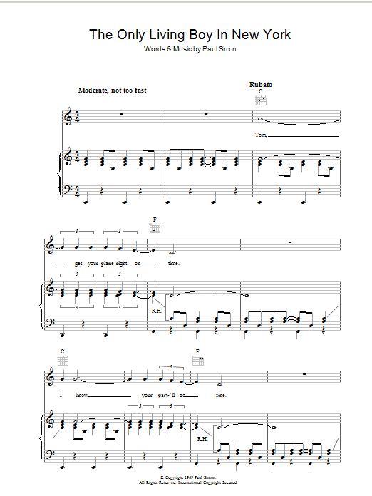 Simon & Garfunkel The Only Living Boy In New York Sheet Music Notes & Chords for Lyrics & Piano Chords - Download or Print PDF