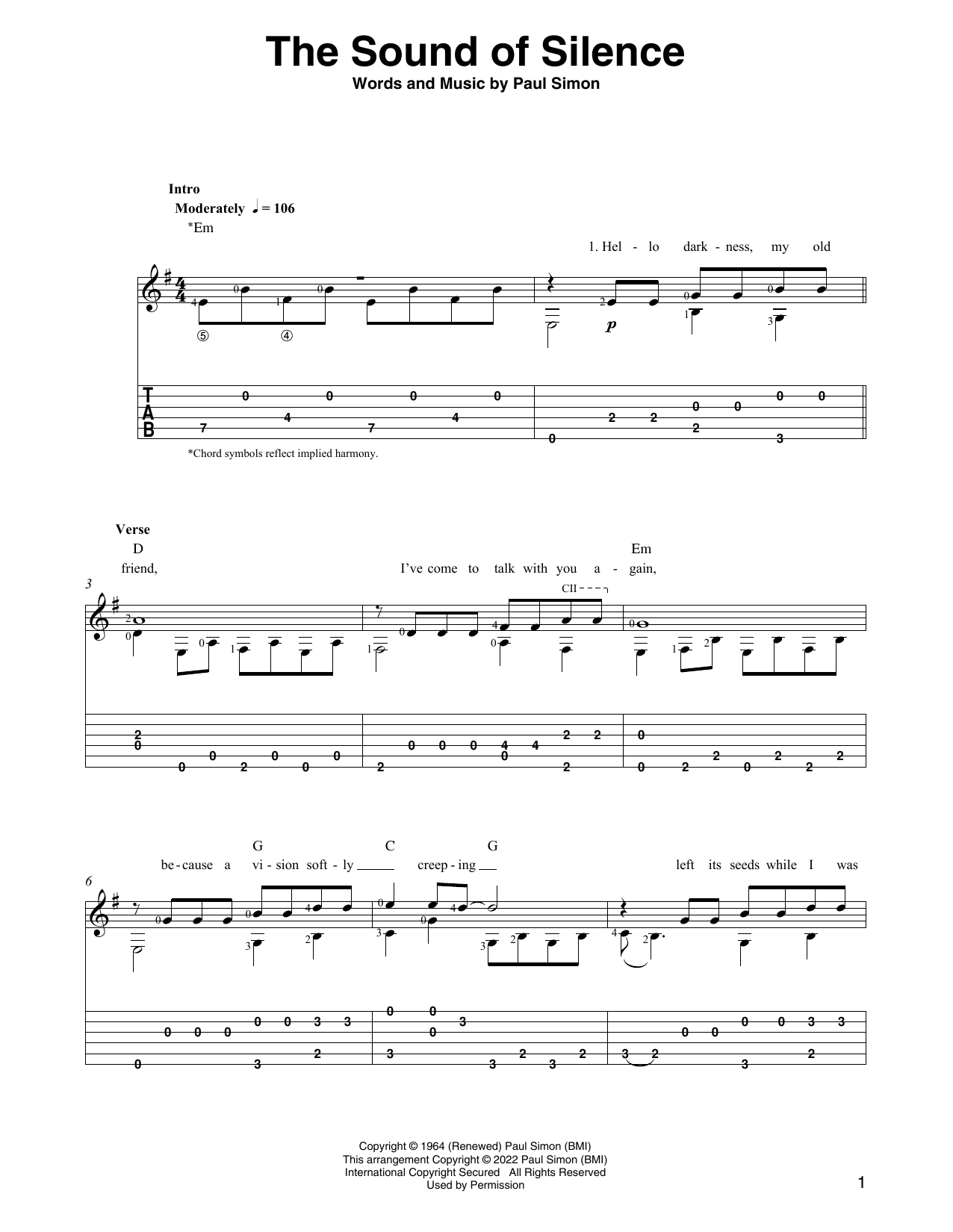 Simon & Garfunkel The Sound Of Silence (arr. Ben Pila) Sheet Music Notes & Chords for Solo Guitar - Download or Print PDF