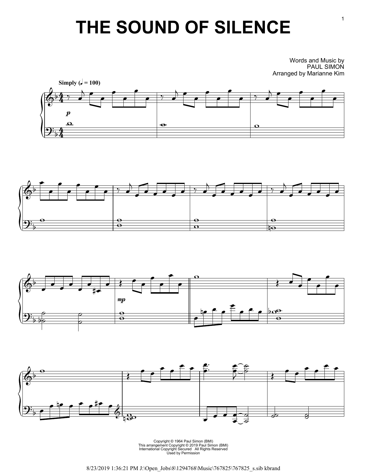 Simon & Garfunkel The Sound Of Silence (arr. Marianne Kim) Sheet Music Notes & Chords for Piano Solo - Download or Print PDF