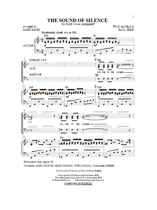 Simon & Garfunkel The Sound Of Silence (arr. Mark Hayes) Sheet Music Notes & Chords for SATB - Download or Print PDF