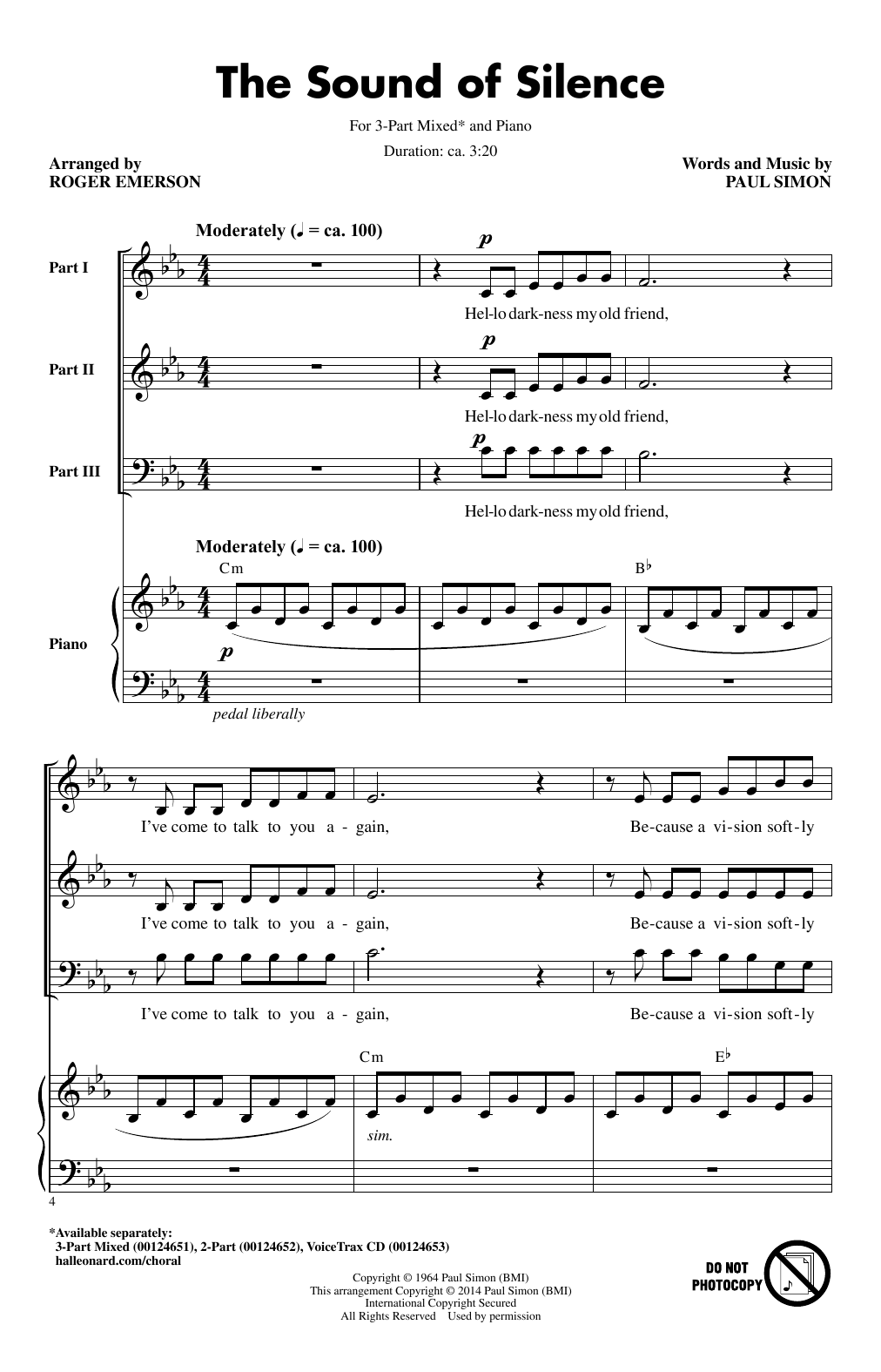 Simon & Garfunkel The Sound Of Silence (arr. Roger Emerson) Sheet Music Notes & Chords for 3-Part Mixed - Download or Print PDF
