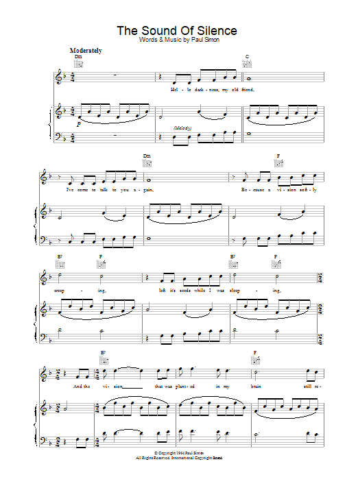 Simon & Garfunkel The Sound Of Silence Sheet Music Notes & Chords for Lyrics & Piano Chords - Download or Print PDF