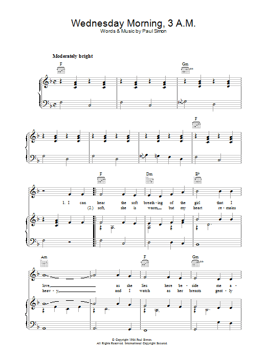 Simon & Garfunkel Wednesday Morning, 3 A.M. Sheet Music Notes & Chords for Lyrics & Piano Chords - Download or Print PDF