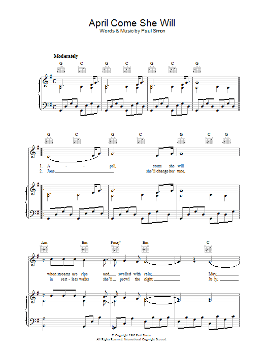 Simon & Garfunkel April Come She Will Sheet Music Notes & Chords for Piano, Vocal & Guitar (Right-Hand Melody) - Download or Print PDF