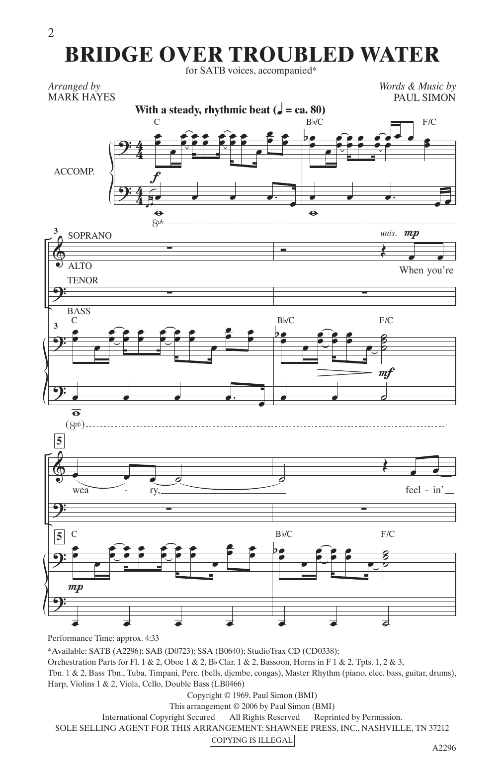 Simon & Garfunkel Bridge Over Troubled Water (arr. Mark Hayes) Sheet Music Notes & Chords for SAB Choir - Download or Print PDF
