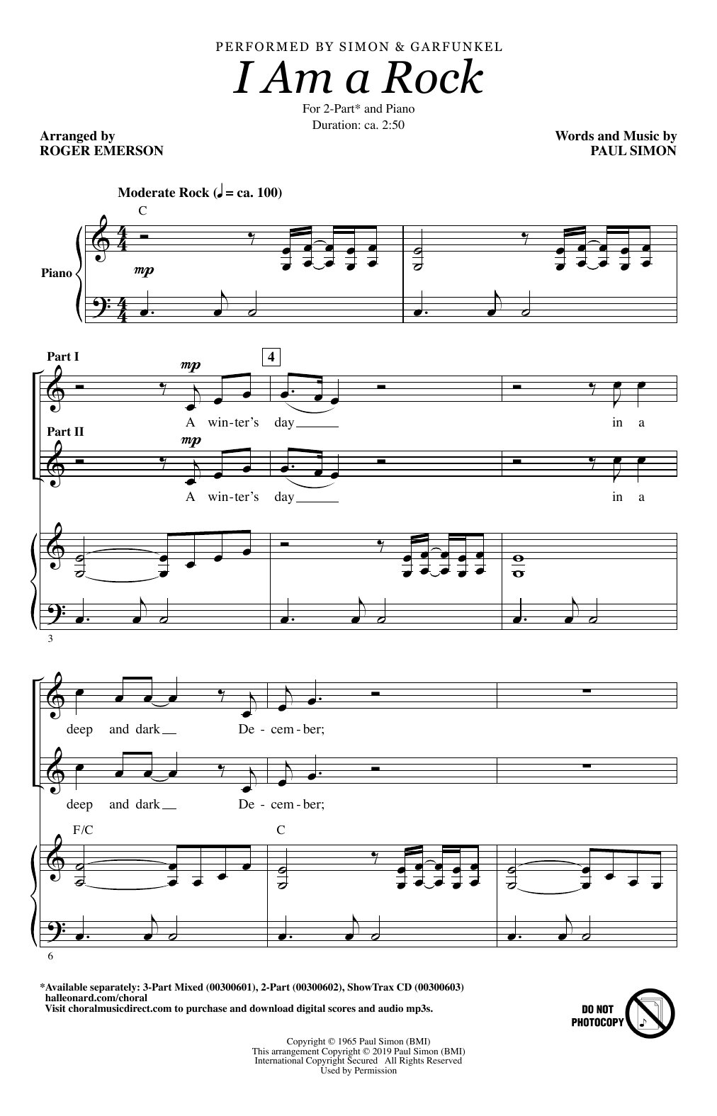 Simon & Garfunkel I Am A Rock (arr. Roger Emerson) Sheet Music Notes & Chords for 2-Part Choir - Download or Print PDF