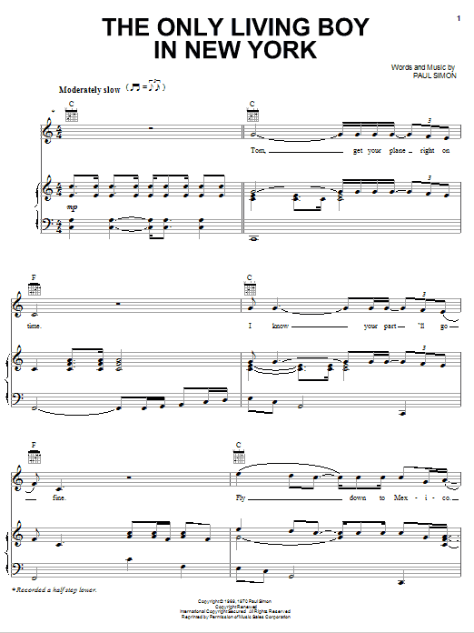 Simon & Garfunkel The Only Living Boy In New York Sheet Music Notes & Chords for Piano, Vocal & Guitar (Right-Hand Melody) - Download or Print PDF