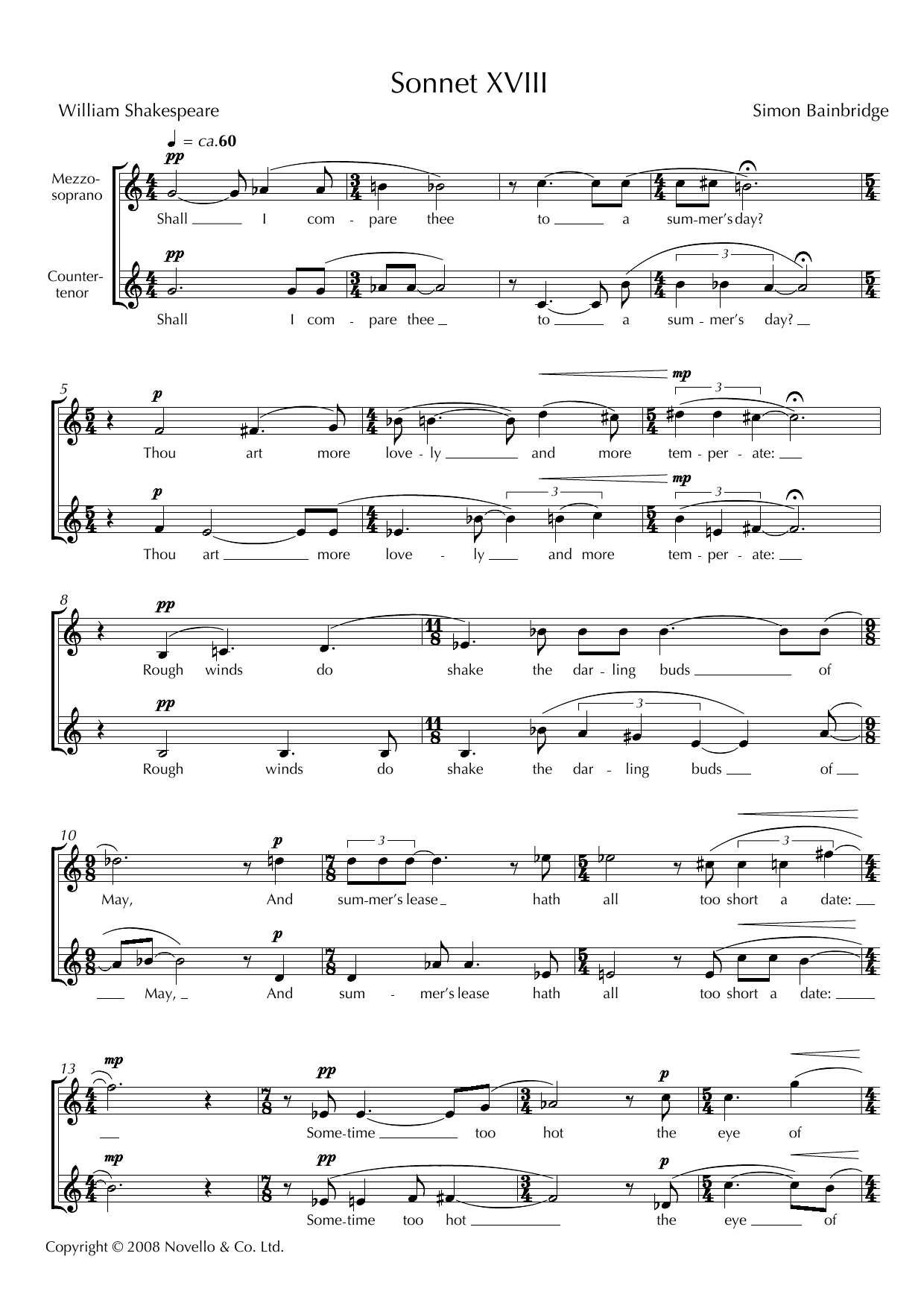 Simon Bainbridge Sonnet XVIII (for mezzo-soprano & counter-tenor) Sheet Music Notes & Chords for Piano & Vocal - Download or Print PDF