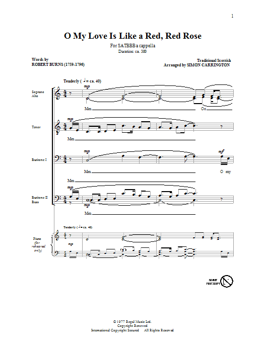 Simon Carrington O My Love Is Like A Red, Red Rose Sheet Music Notes & Chords for SATB - Download or Print PDF