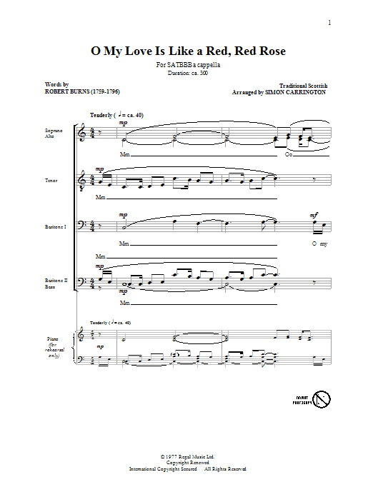 Traditional O My Love Is Like A Red, Red Rose (arr. Simon Carrington) Sheet Music Notes & Chords for SATB - Download or Print PDF