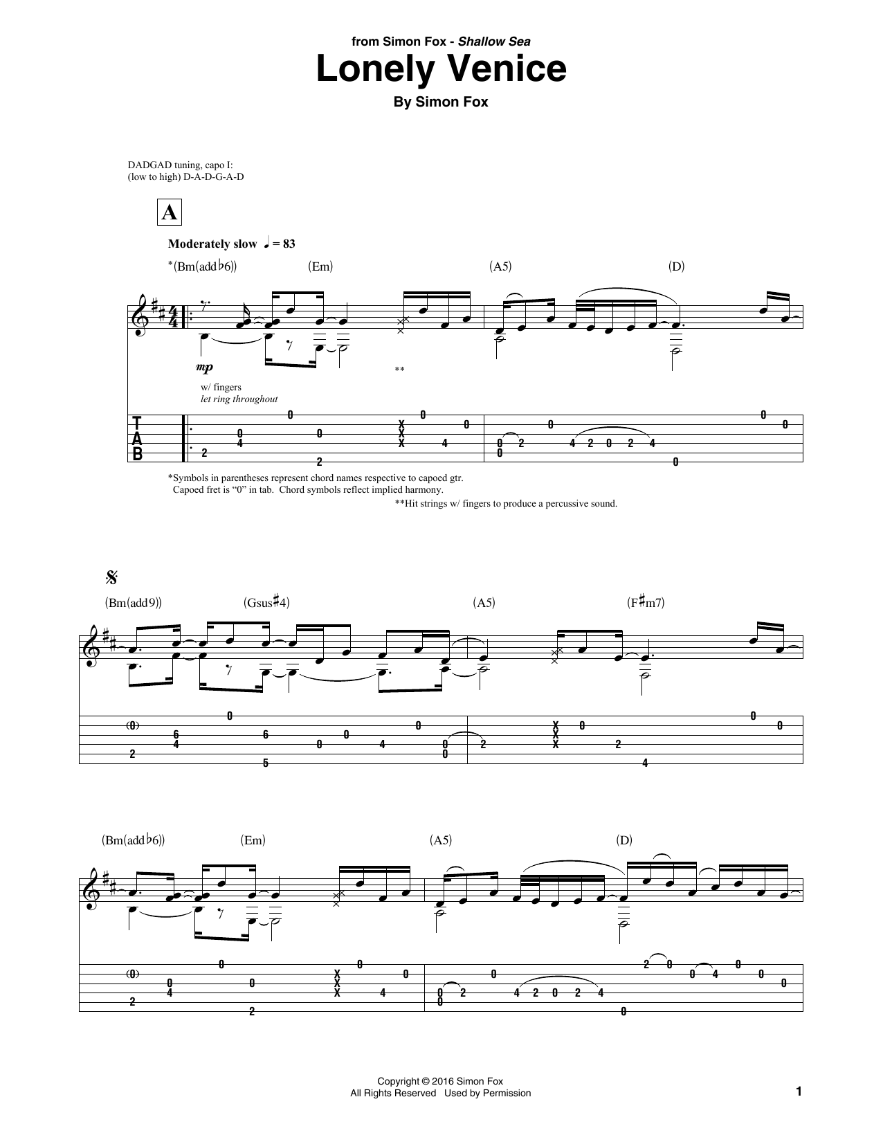 Simon Fox Lonely Venice Sheet Music Notes & Chords for Solo Guitar Tab - Download or Print PDF