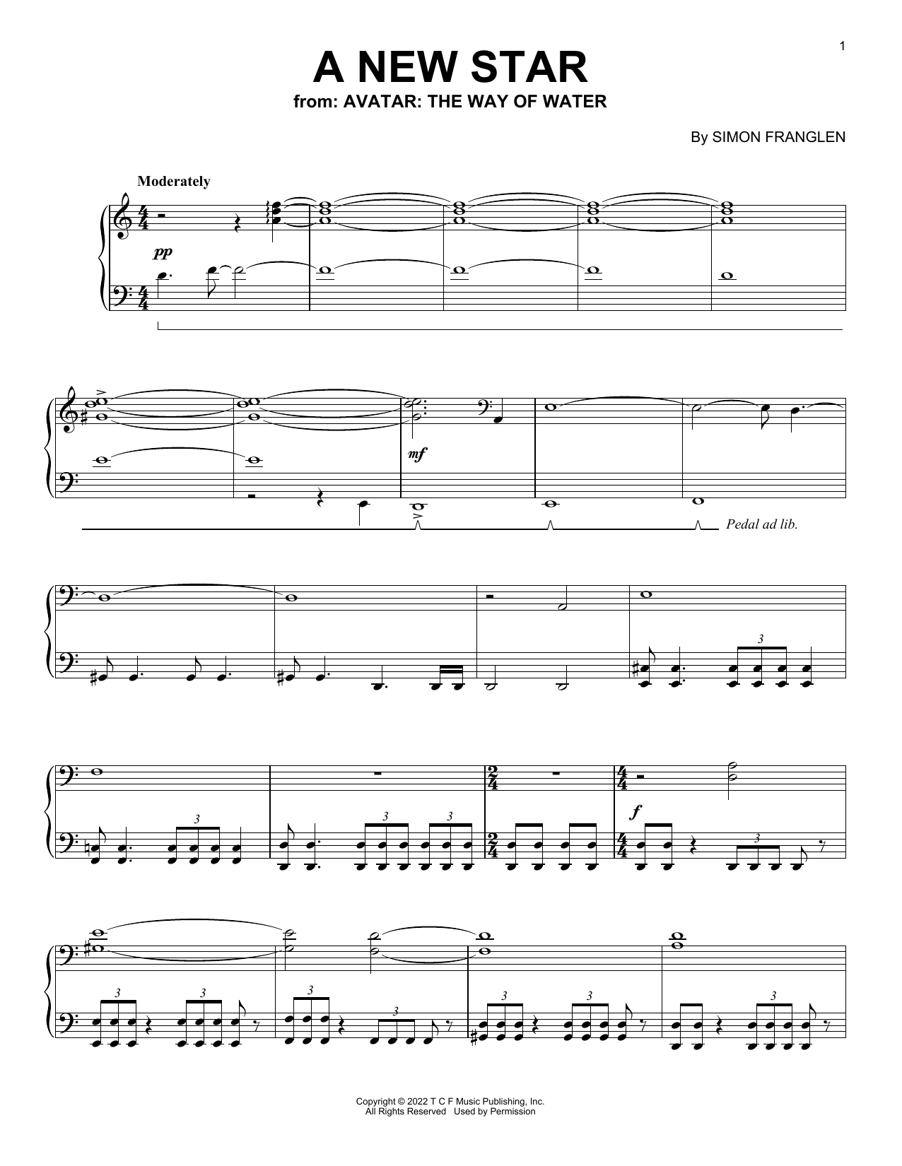 Simon Franglen A New Star (from Avatar: The Way Of Water) Sheet Music Notes & Chords for Piano Solo - Download or Print PDF