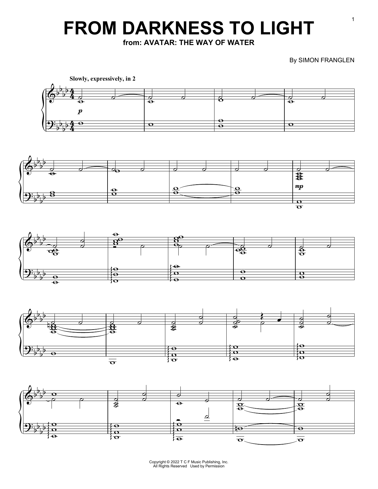 Simon Franglen From Darkness To Light (from Avatar: The Way Of Water) Sheet Music Notes & Chords for Piano Solo - Download or Print PDF