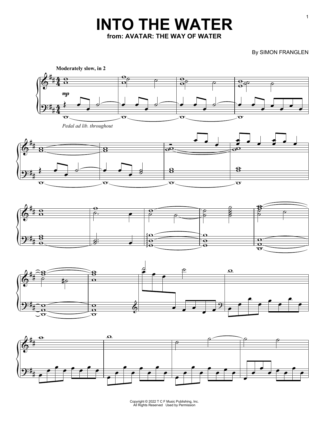 Simon Franglen Into The Water (from Avatar: The Way Of Water) Sheet Music Notes & Chords for Piano Solo - Download or Print PDF