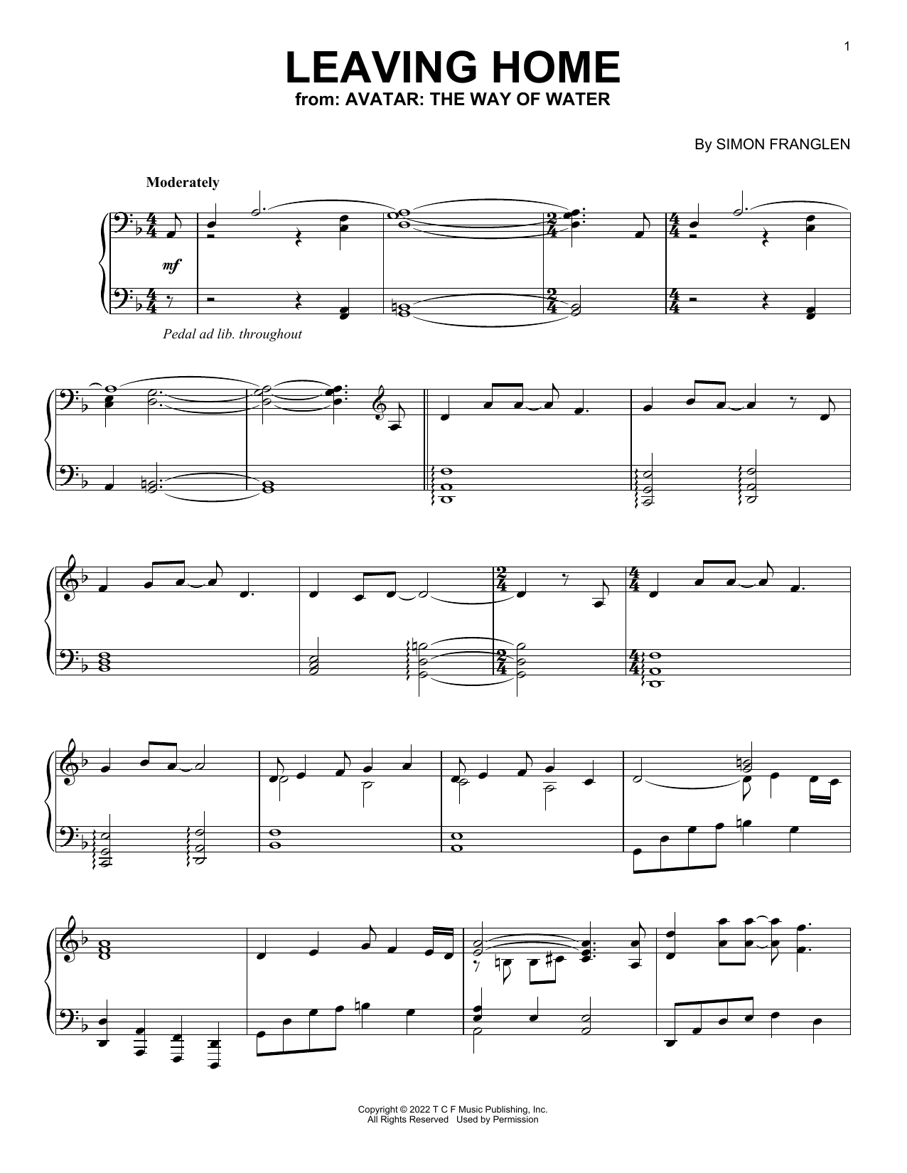 Simon Franglen Leaving Home (from Avatar: The Way Of Water) Sheet Music Notes & Chords for Piano Solo - Download or Print PDF