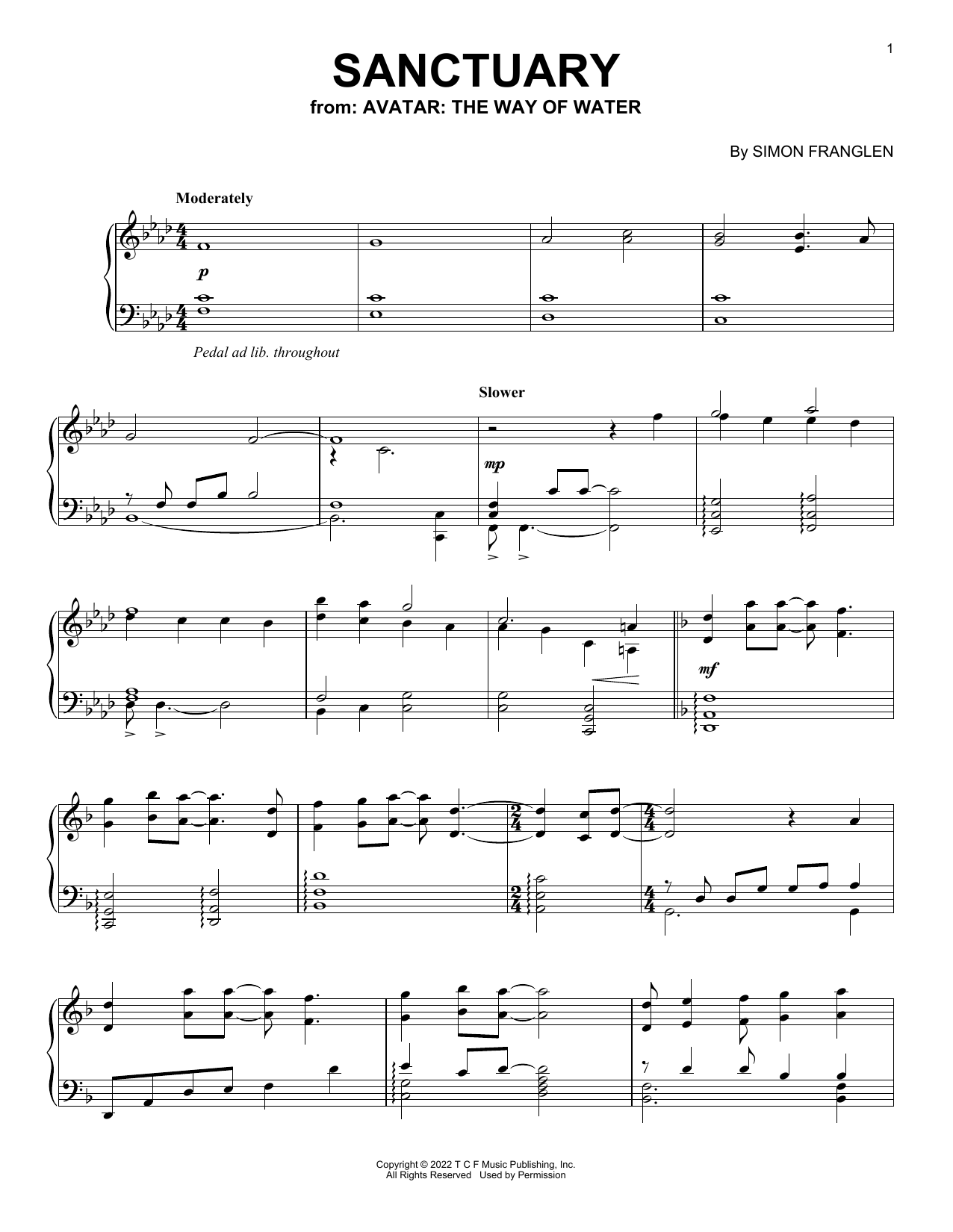 Simon Franglen Sanctuary (from Avatar: The Way Of Water) Sheet Music Notes & Chords for Piano Solo - Download or Print PDF