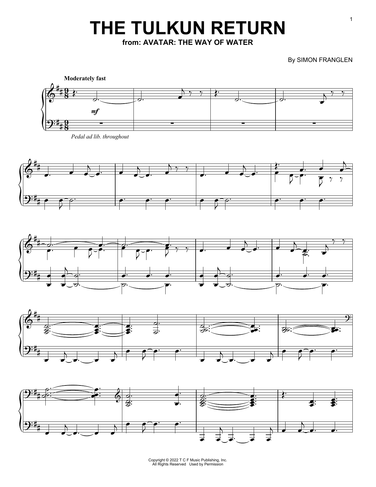 Simon Franglen The Tulkin Return (from Avatar: The Way Of Water) Sheet Music Notes & Chords for Piano Solo - Download or Print PDF