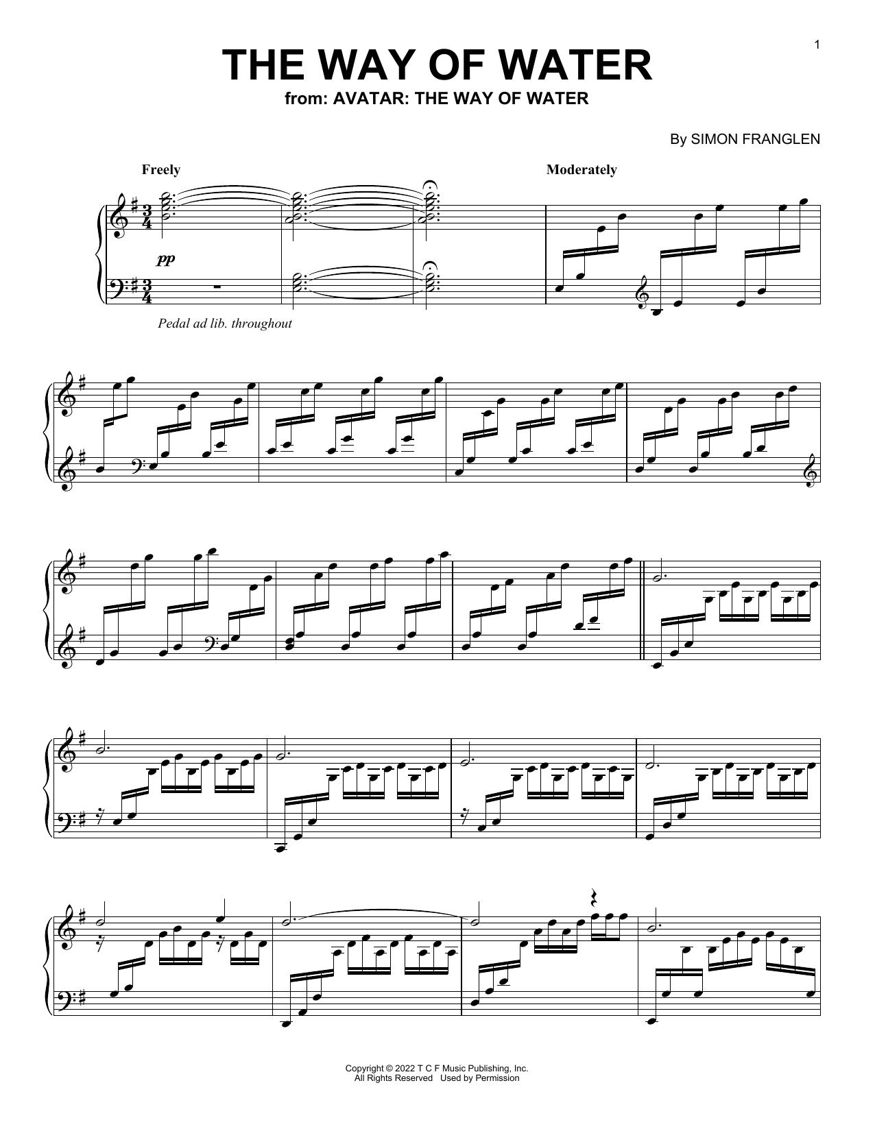 Simon Franglen The Way Of Water (from Avatar: The Way Of Water) Sheet Music Notes & Chords for Piano Solo - Download or Print PDF