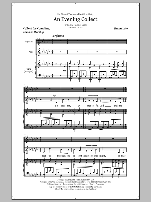 Simon Lole An Evening Collect Sheet Music Notes & Chords for 2-Part Choir - Download or Print PDF