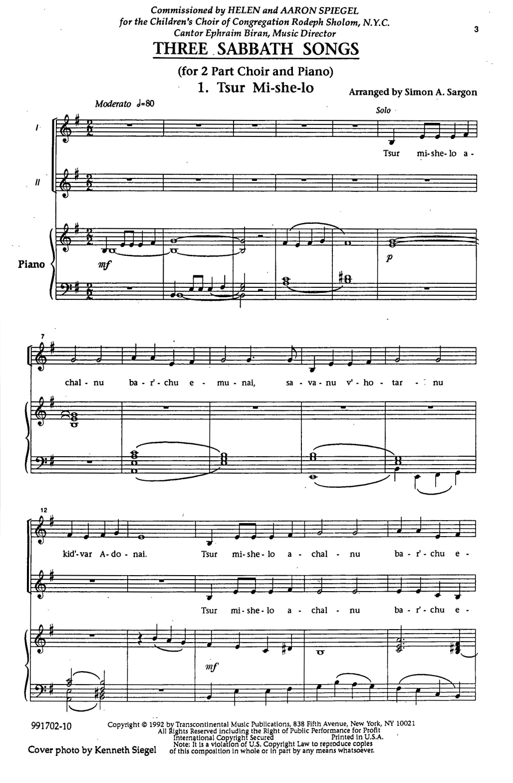 Simon Sargon Three Sabbath Songs Sheet Music Notes & Chords for 2-Part Choir - Download or Print PDF