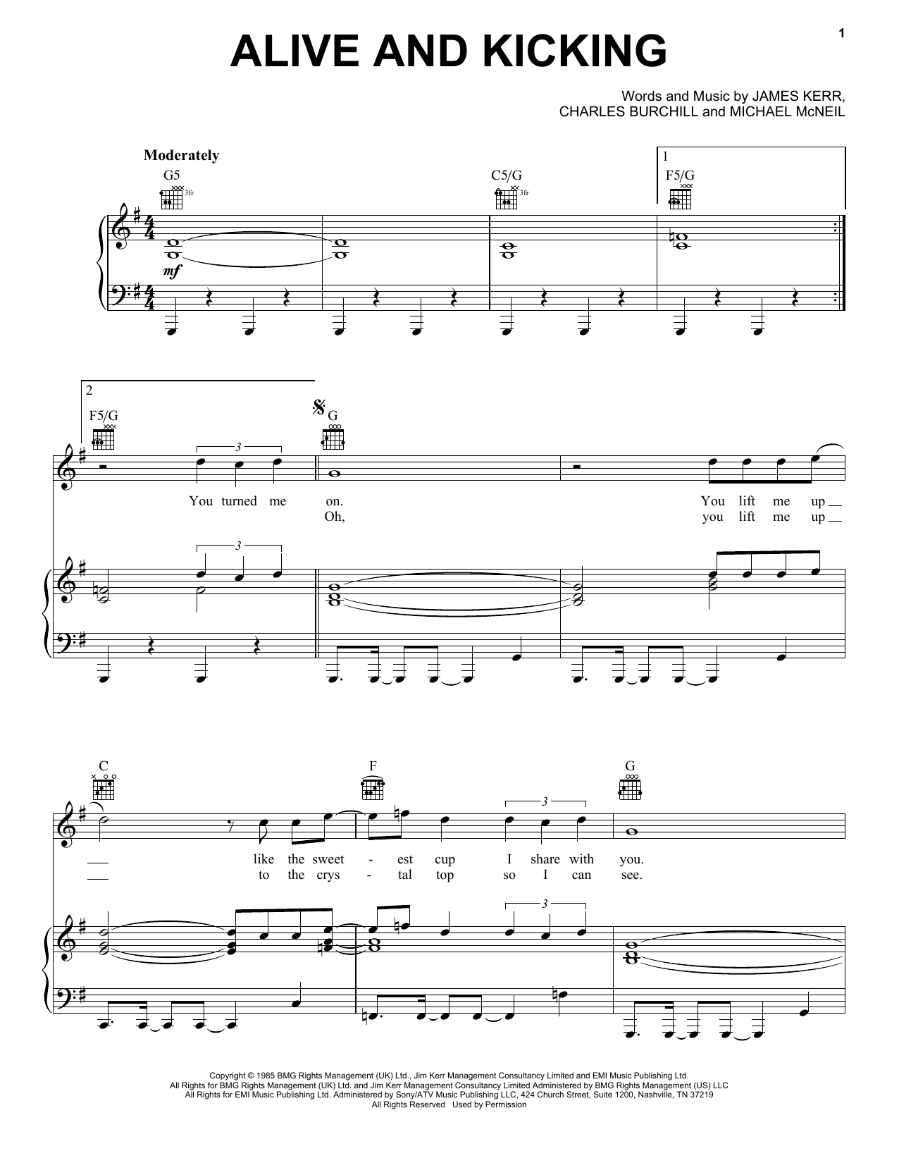 Simple Minds Alive And Kicking Sheet Music Notes & Chords for Piano, Vocal & Guitar (Right-Hand Melody) - Download or Print PDF