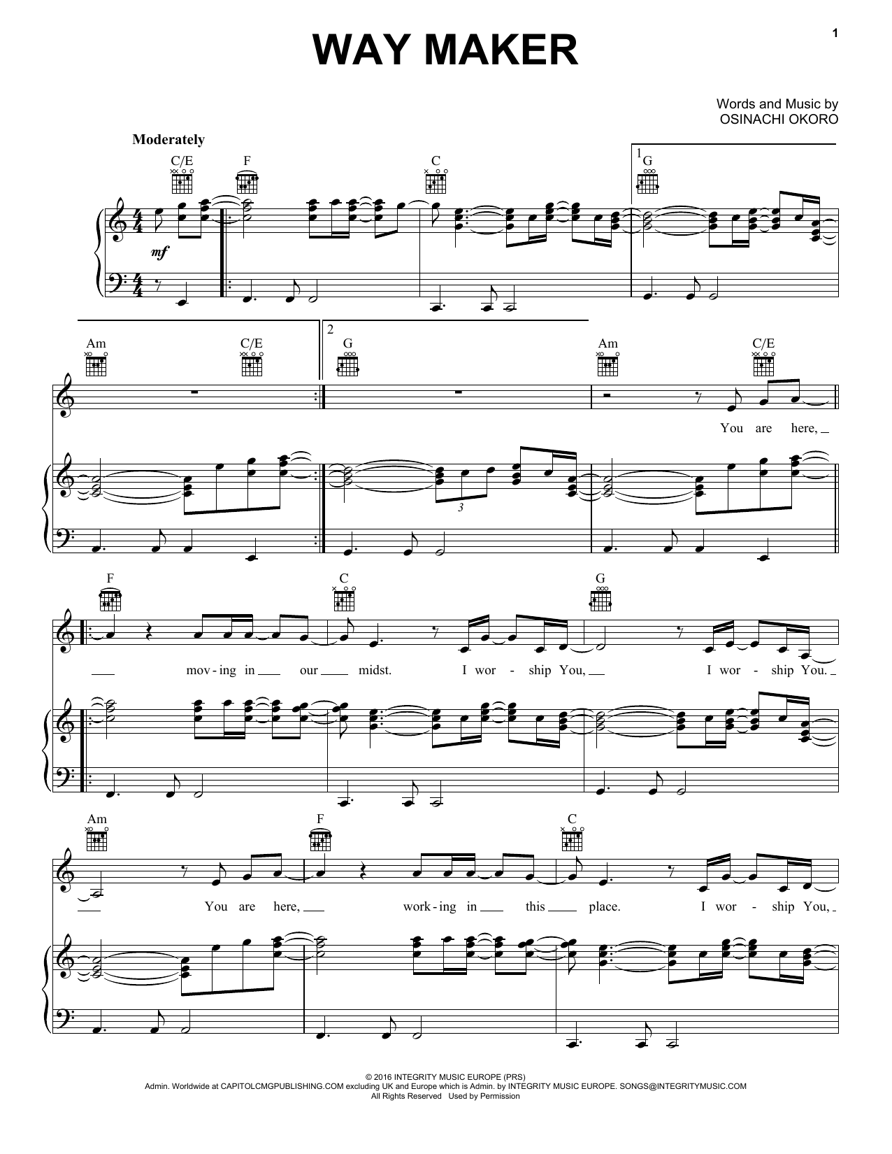 Sinach Way Maker Sheet Music Notes & Chords for Piano, Vocal & Guitar (Right-Hand Melody) - Download or Print PDF