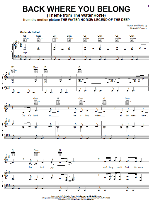 Sinead O'Connor Back Where You Belong (Theme from The Water Horse) Sheet Music Notes & Chords for Piano, Vocal & Guitar (Right-Hand Melody) - Download or Print PDF