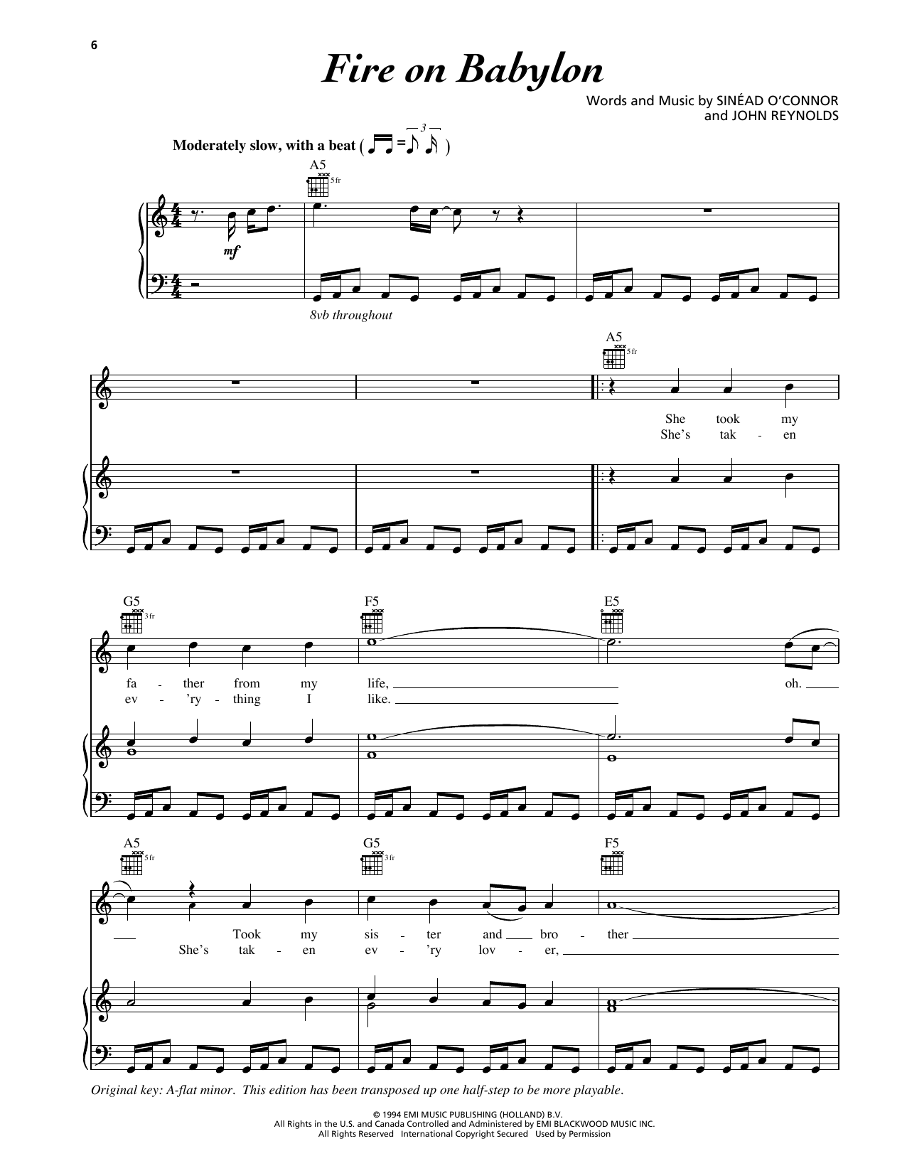 Sinead O'Connor Fire On Babylon Sheet Music Notes & Chords for Piano, Vocal & Guitar Chords (Right-Hand Melody) - Download or Print PDF