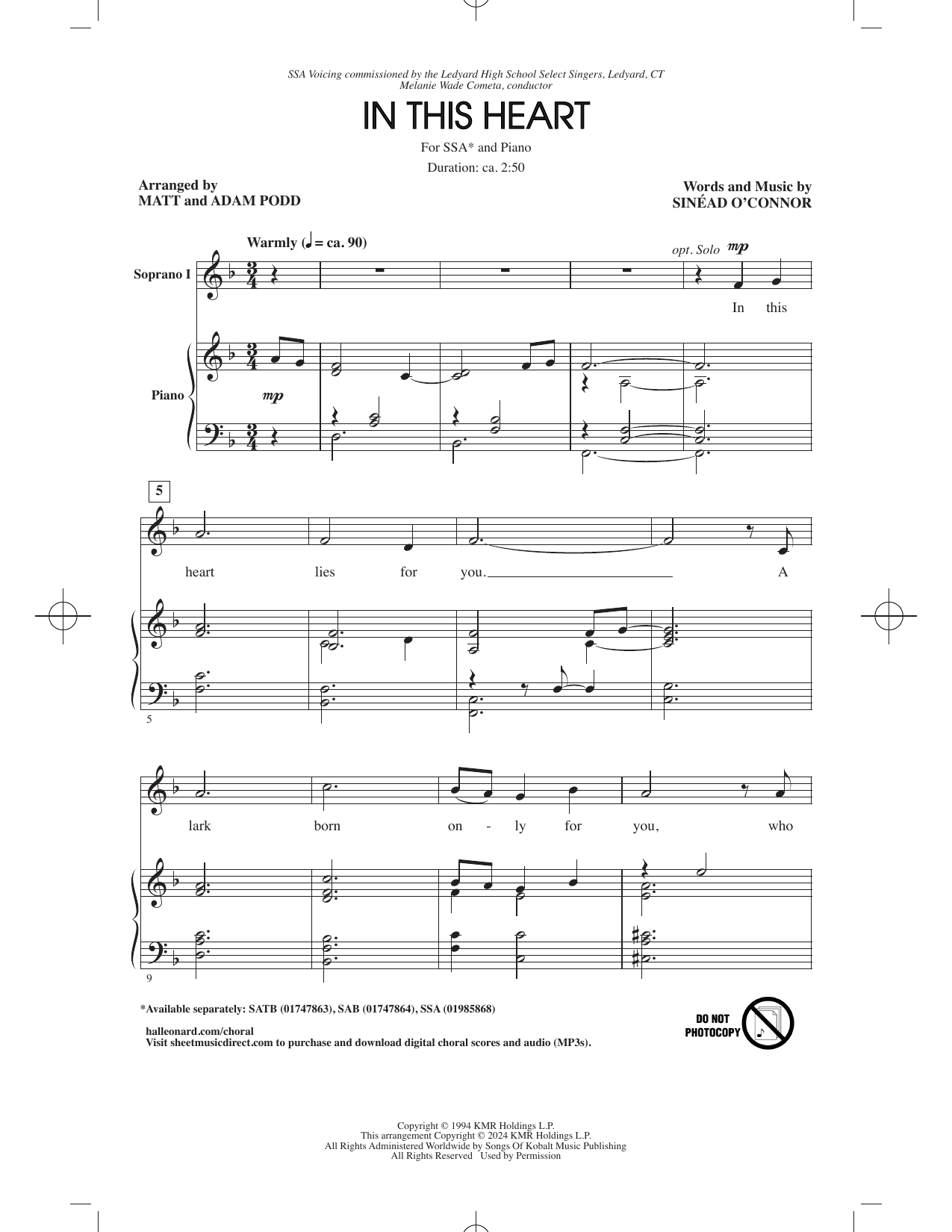 Sinéad O'Connor In This Heart (arr. Matt & Adam Podd) Sheet Music Notes & Chords for SSA Choir - Download or Print PDF