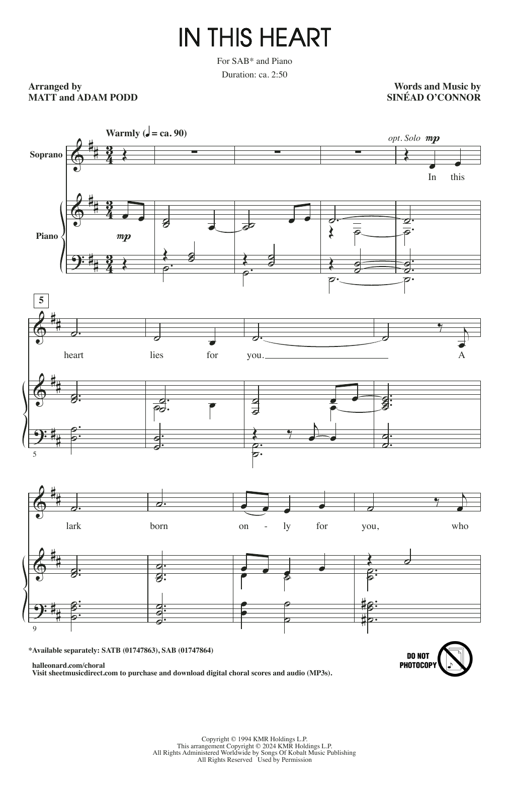 Sinéad O'Connor In This Heart (arr. Matt and Adam Podd) Sheet Music Notes & Chords for SATB Choir - Download or Print PDF