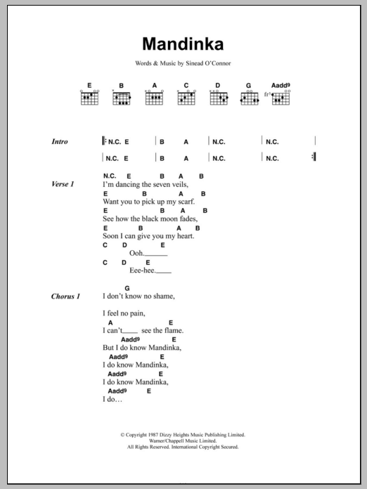 Sinead O'Connor Mandinka Sheet Music Notes & Chords for Lyrics & Chords - Download or Print PDF