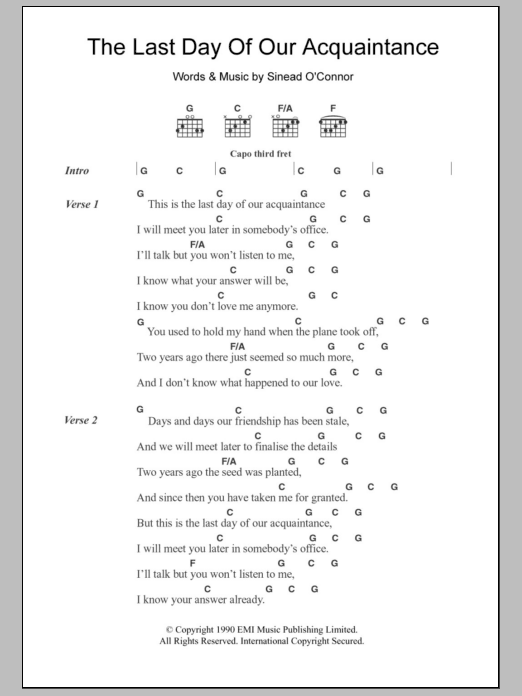 Sinead O'Connor The Last Day Of Our Acquaintance Sheet Music Notes & Chords for Guitar Chords/Lyrics - Download or Print PDF