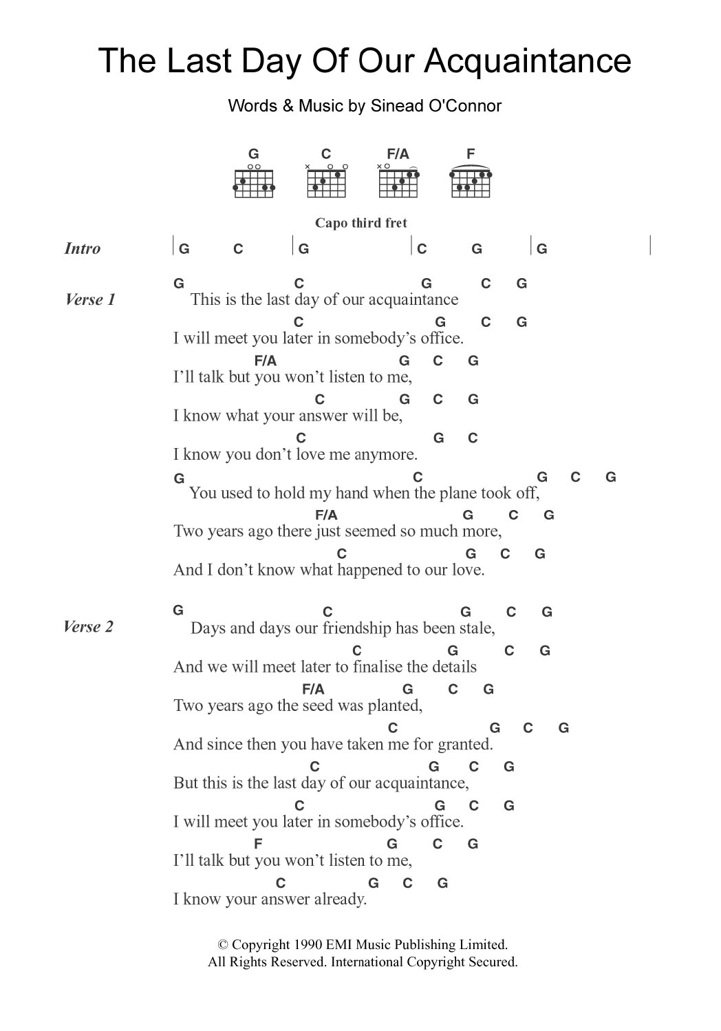Sinead O'Connor The Last Day Of Our Acquaintance Sheet Music Notes & Chords for Lyrics & Chords - Download or Print PDF