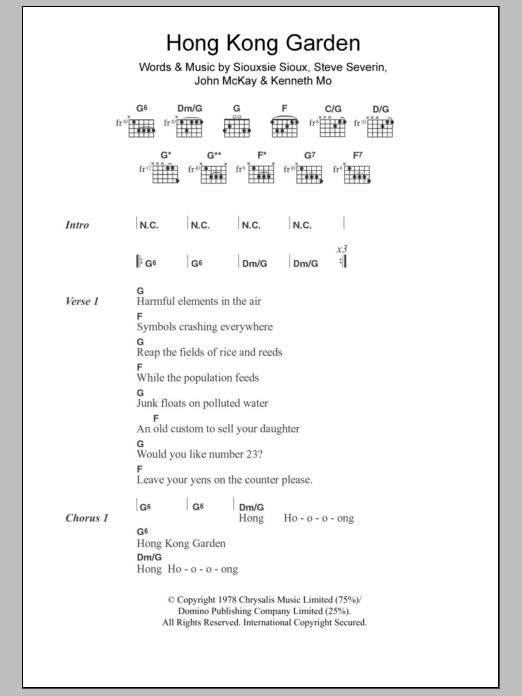 Siouxsie & The Banshees Hong Kong Garden Sheet Music Notes & Chords for Lyrics & Chords - Download or Print PDF