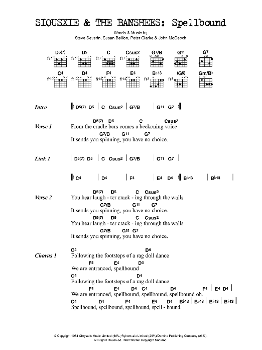 Siouxsie & The Banshees Spellbound Sheet Music Notes & Chords for Lyrics & Chords - Download or Print PDF