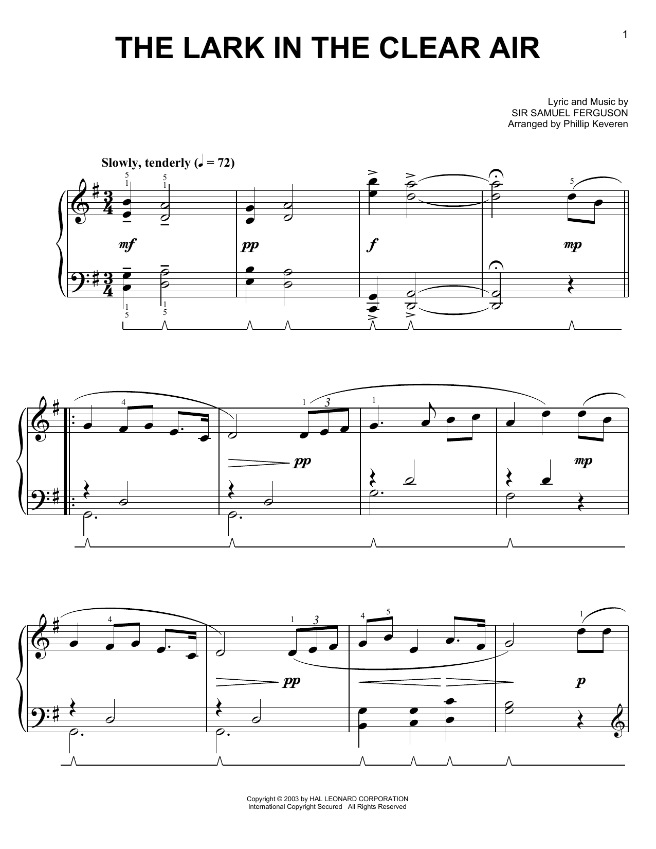Sir Samuel Ferguson The Lark In The Clear Air Sheet Music Notes & Chords for Easy Piano - Download or Print PDF
