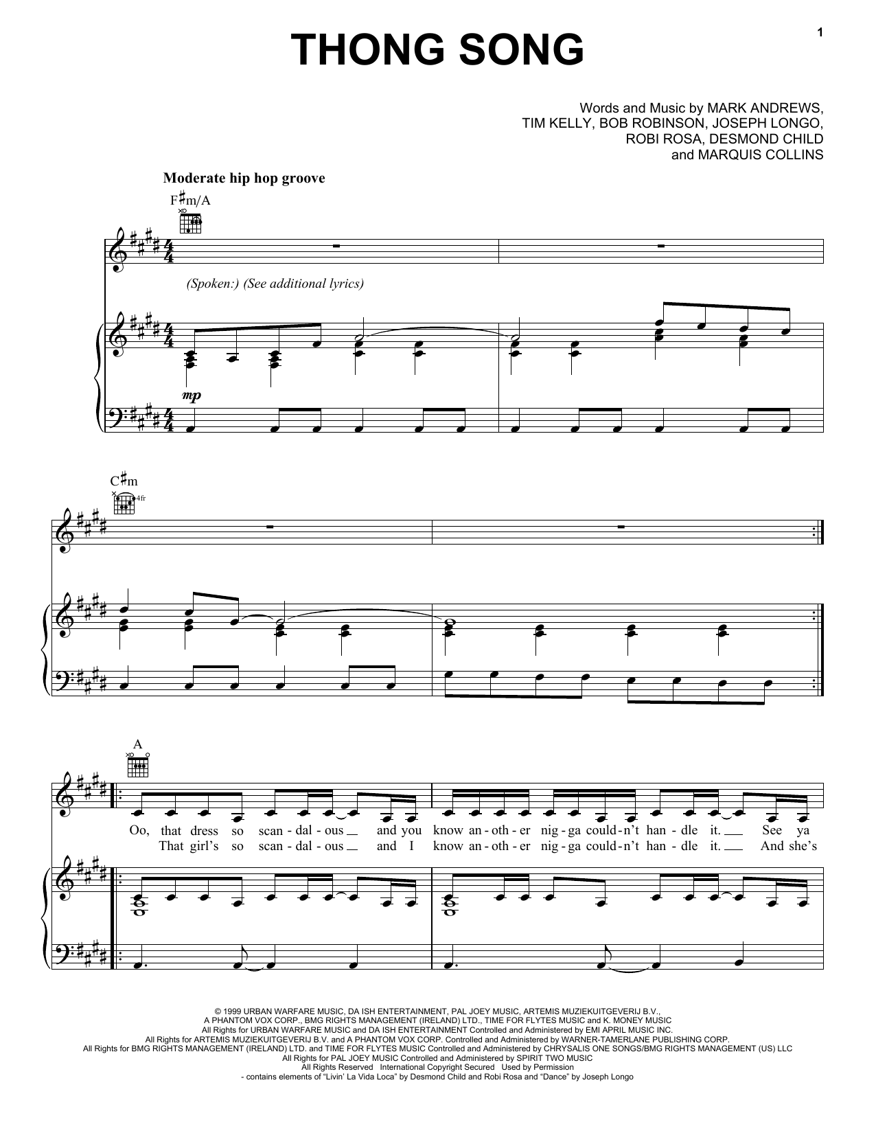 Sisqo Thong Song Sheet Music Notes & Chords for Piano, Vocal & Guitar (Right-Hand Melody) - Download or Print PDF