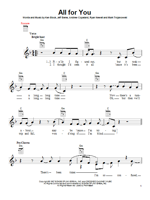 Sister Hazel All For You Sheet Music Notes & Chords for Piano, Vocal & Guitar (Right-Hand Melody) - Download or Print PDF