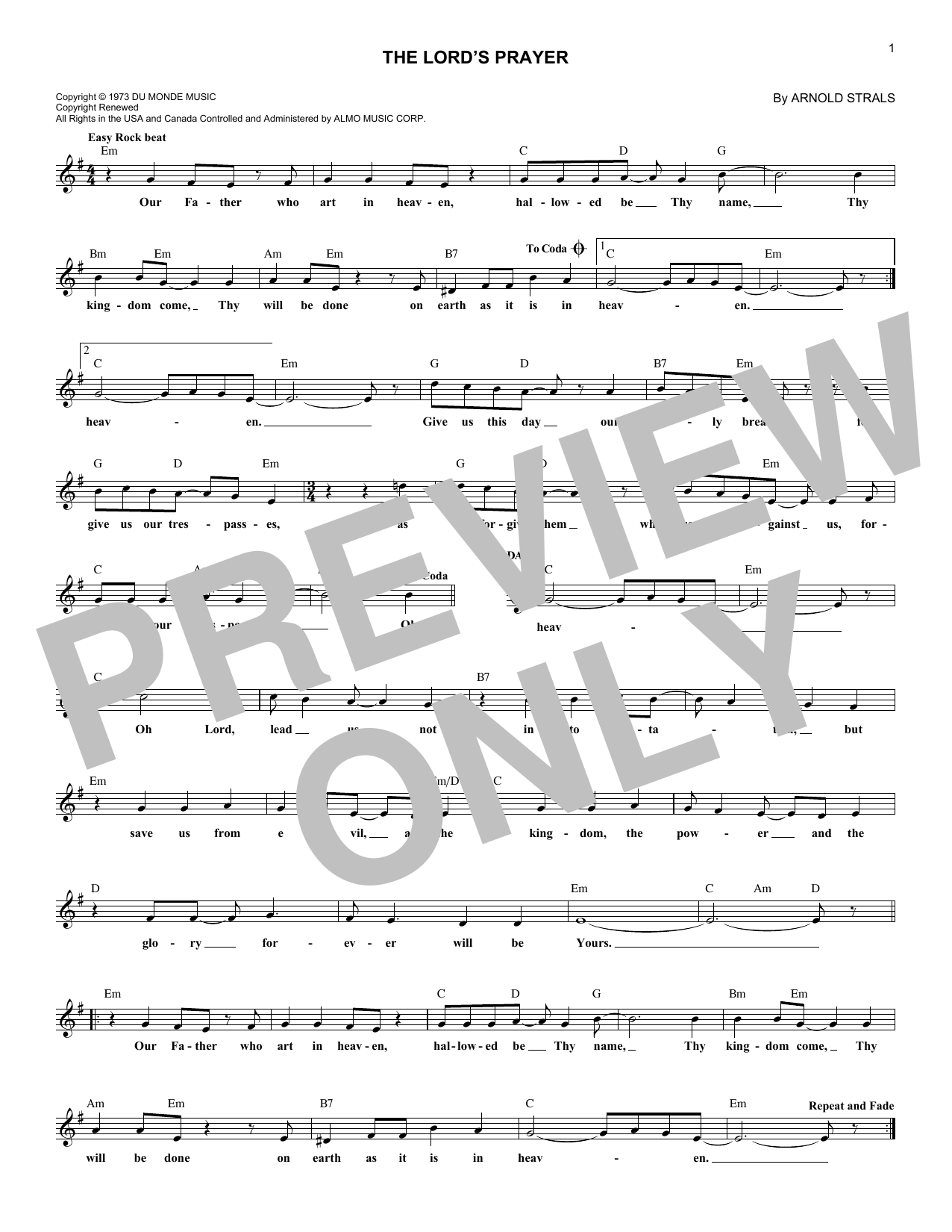 Sister Janet Mead The Lord's Prayer Sheet Music Notes & Chords for Melody Line, Lyrics & Chords - Download or Print PDF