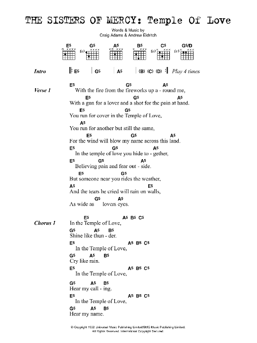 The Sisters Of Mercy Temple Of Love Sheet Music Notes & Chords for Lyrics & Chords - Download or Print PDF