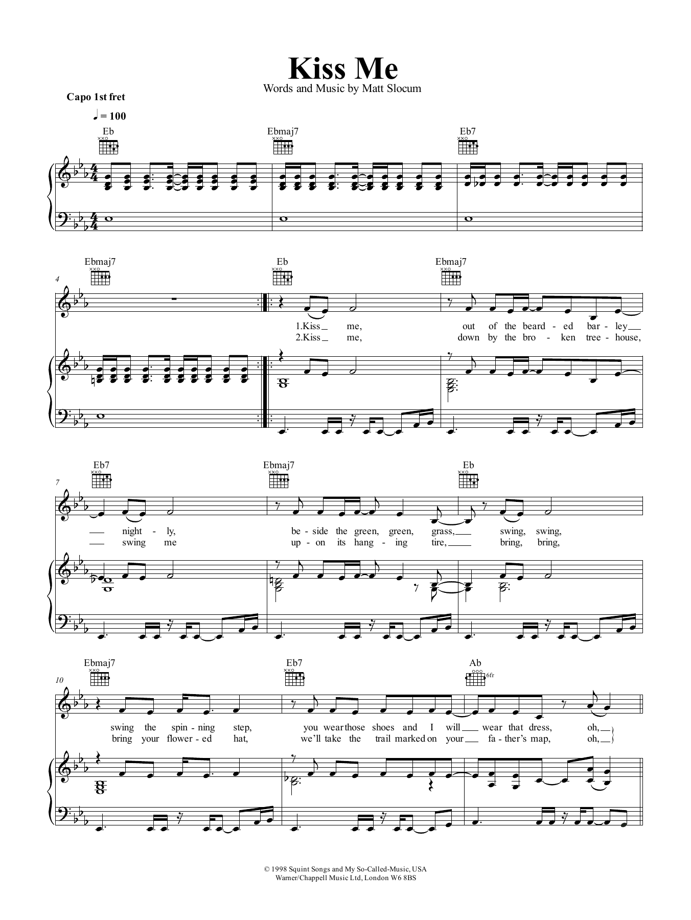 Sixpence None The Richer Kiss Me Sheet Music Notes & Chords for Piano, Vocal & Guitar (Right-Hand Melody) - Download or Print PDF