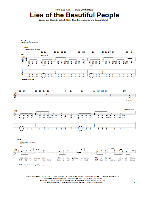 Sixx A.M. Lies Of The Beautiful People Sheet Music Notes & Chords for Guitar Tab - Download or Print PDF